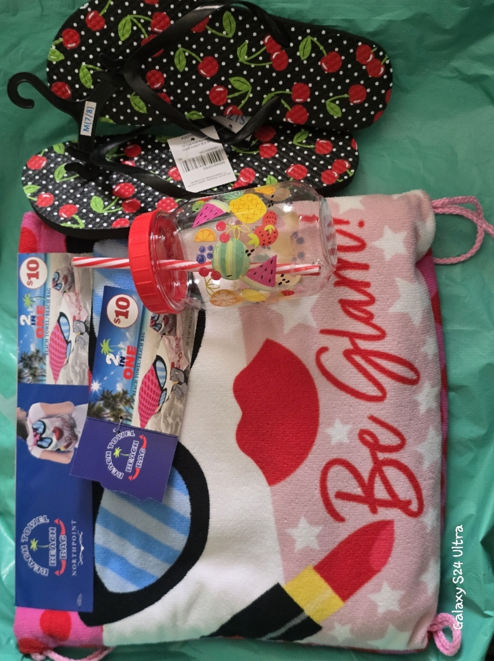 3 Piece Beach/ Pool Set: Towel Bag, Cup, & Flip Flops Sz 7/8 NEW